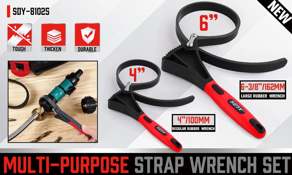 2x Rubber Strap Wrench Adjustable DIY Plumber Jars Hose Pipe Oil Filter Opener โ image 2