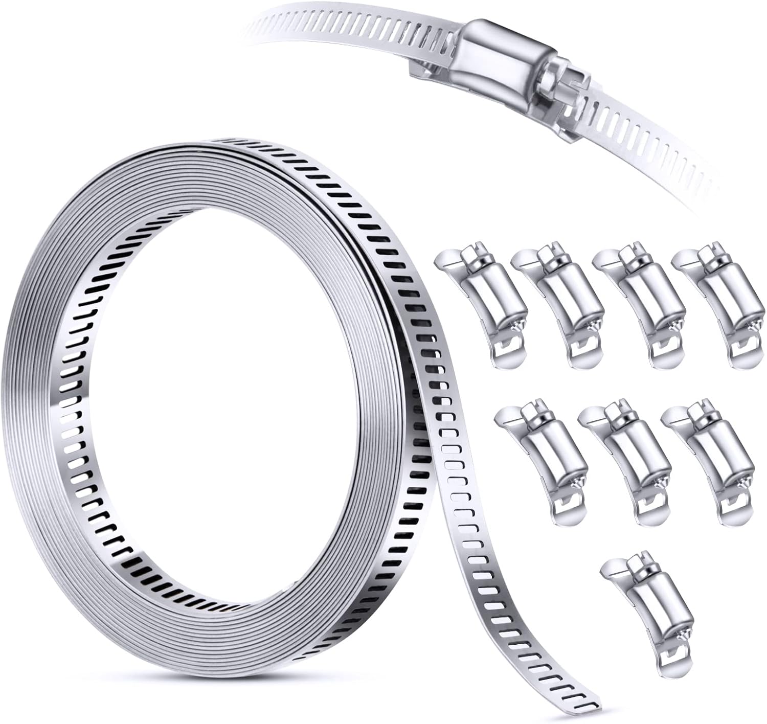 304 Stainless Steel Hose Clamp Assortment Kit DIY, Cut-To-Fit 12 FT Metal Strap+8 Stronger Fasteners,Large Adjustable Worm Gear Band Hose Clamps Screw Clamps