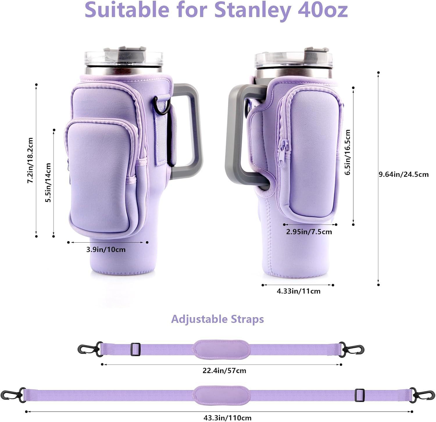 40oz Purple Insulated Tumbler Carrier Sleeve with Adjustable Shoulder Strap - Neoprene Triple-Pocket Holder for Outdoor and Car Use — image 3