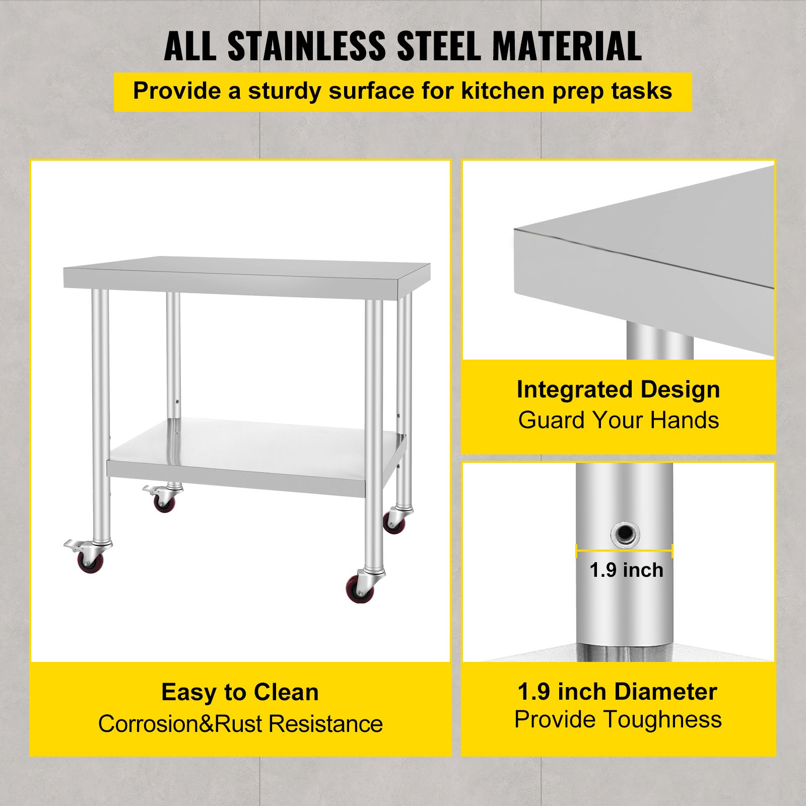 30 × 36 × 34 Inch Stainless Steel Work Table 3-Stage Adjustable Shelf with 4 Wheels Heavy Duty Commercial Food Prep Worktable with Brake for Kitchen Prep Work — image 3