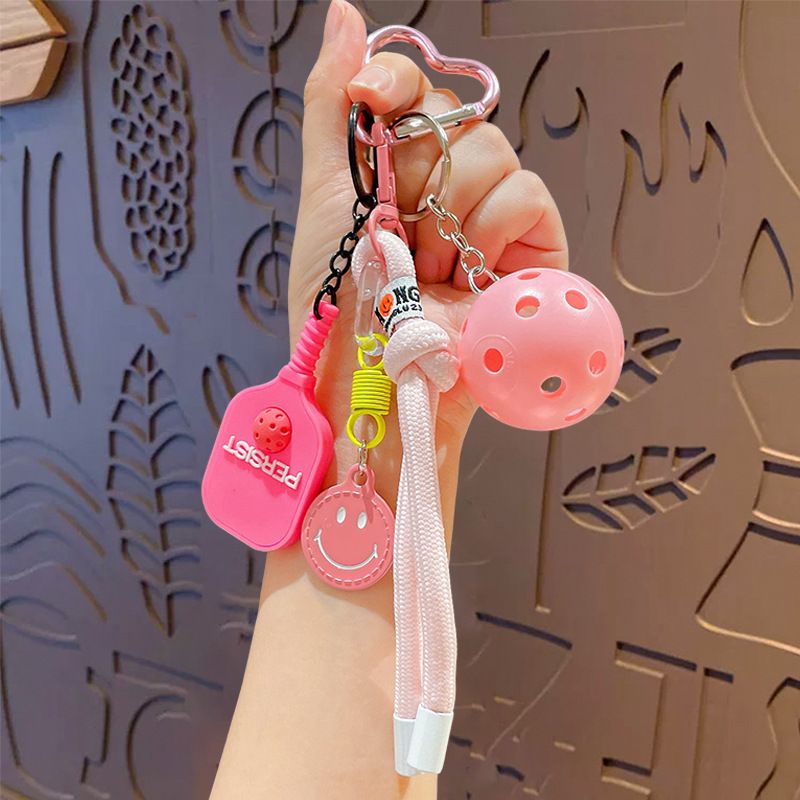 1 Piece Pickleball Keychain Bag Charm - Pink Sports Pendant with Mini Paddle, Ball, Smiley Charm and Woven Cord, Cute Gift Friendly Key Ring for Bags โ image 2