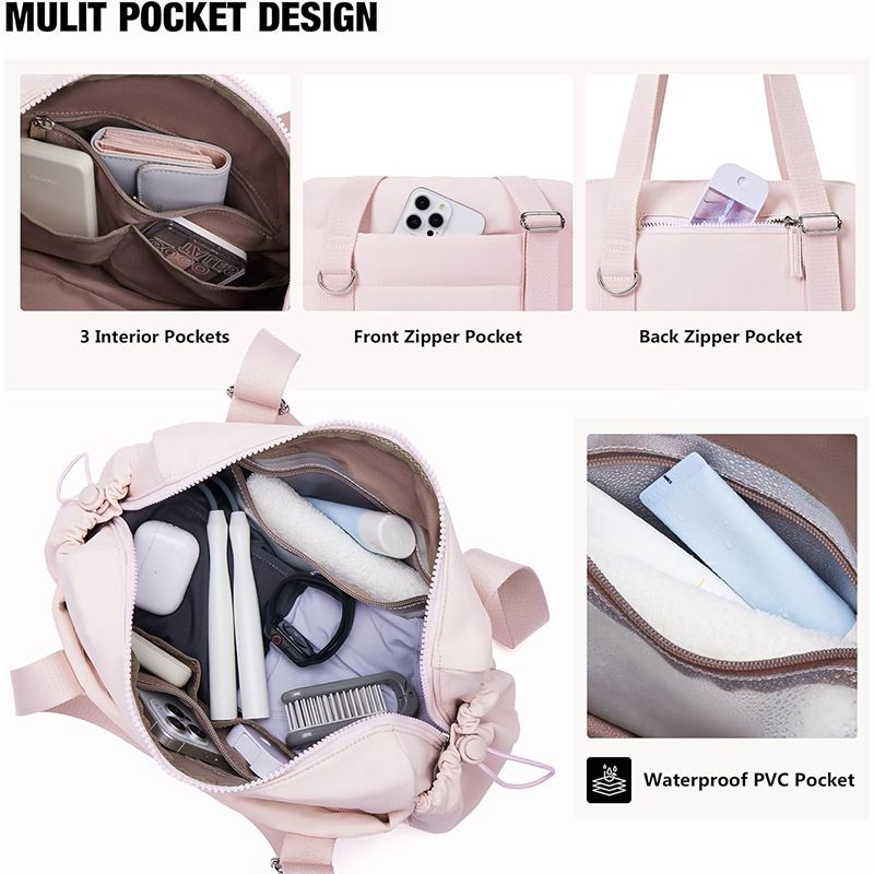 Pink Women’s Fluffy Nylon Gym Travel Tote Bag and Coin Purse Set - Side Drawstring Cup Holder, Front / Back Zipper Pockets and Wet & Dry Separation, Large — image 2