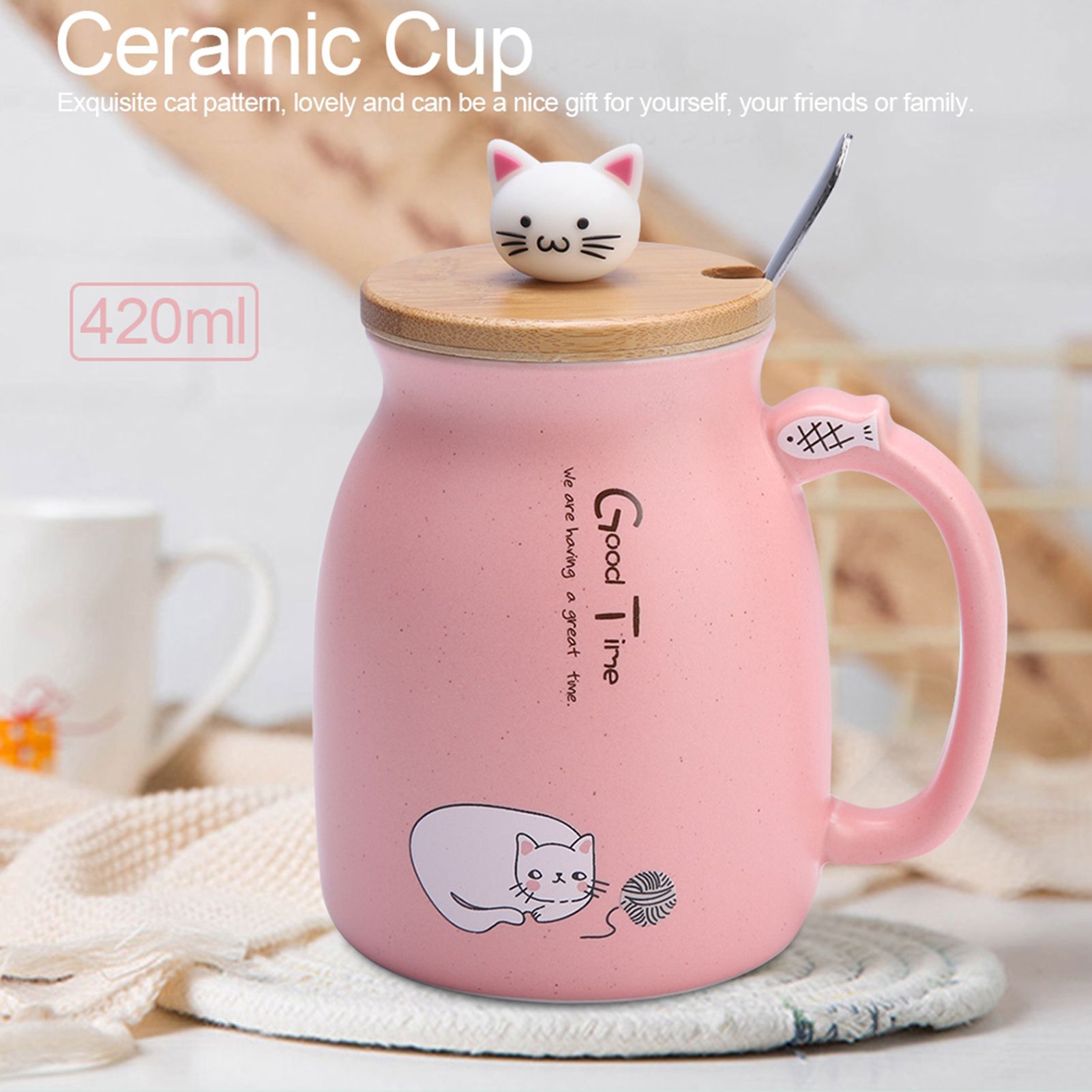 1Pc Lovely Cat Ceramic Cup with Spoon and Lid Coffee Water Milk Mug for Drinkware Gift(Pink) — image 2