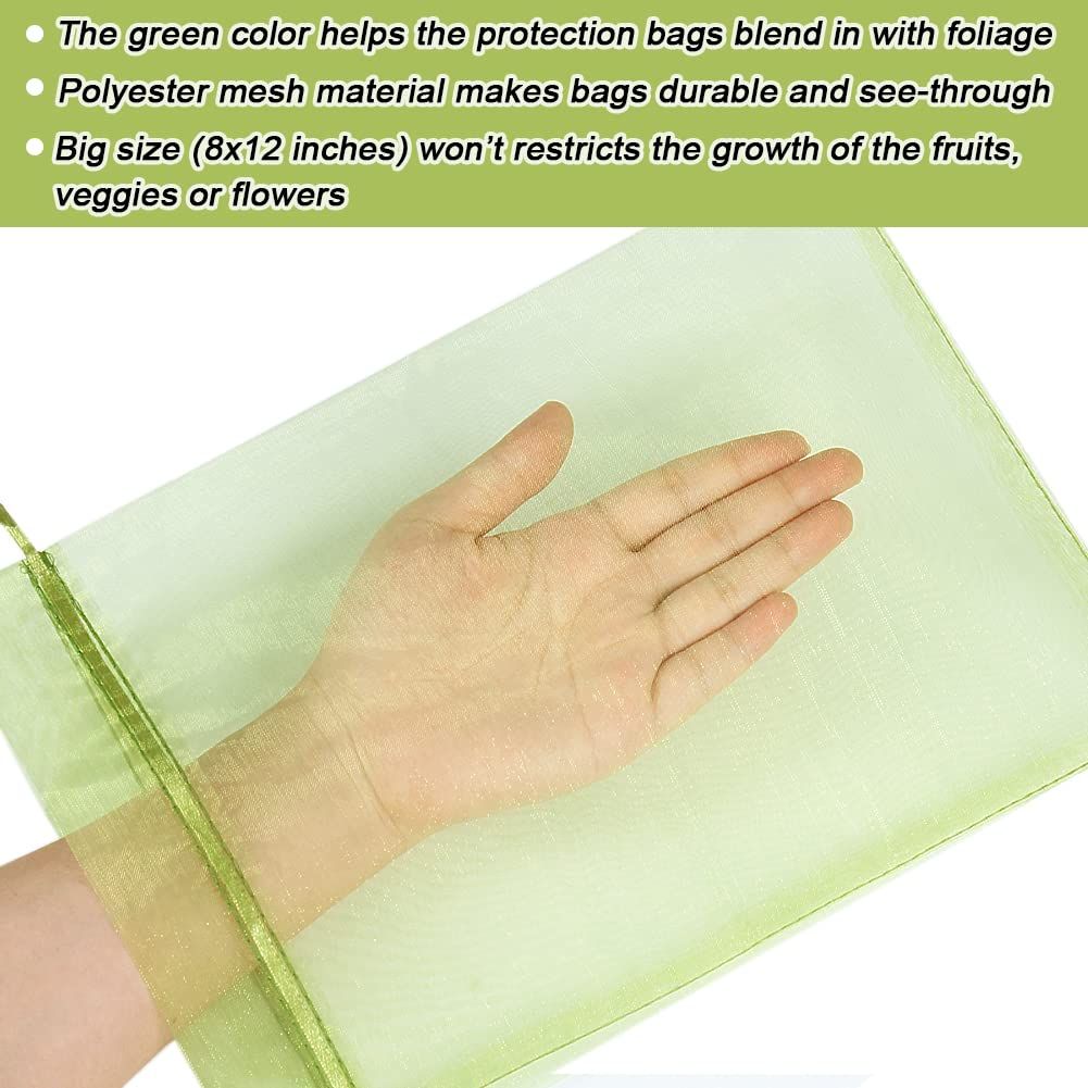 100pcs Fruit Protection Bags 8x12 inch, Green Netting Cover Bags Drawstring Mesh Fruit Protectors Pest Barrier for Grapes Mango — image 4