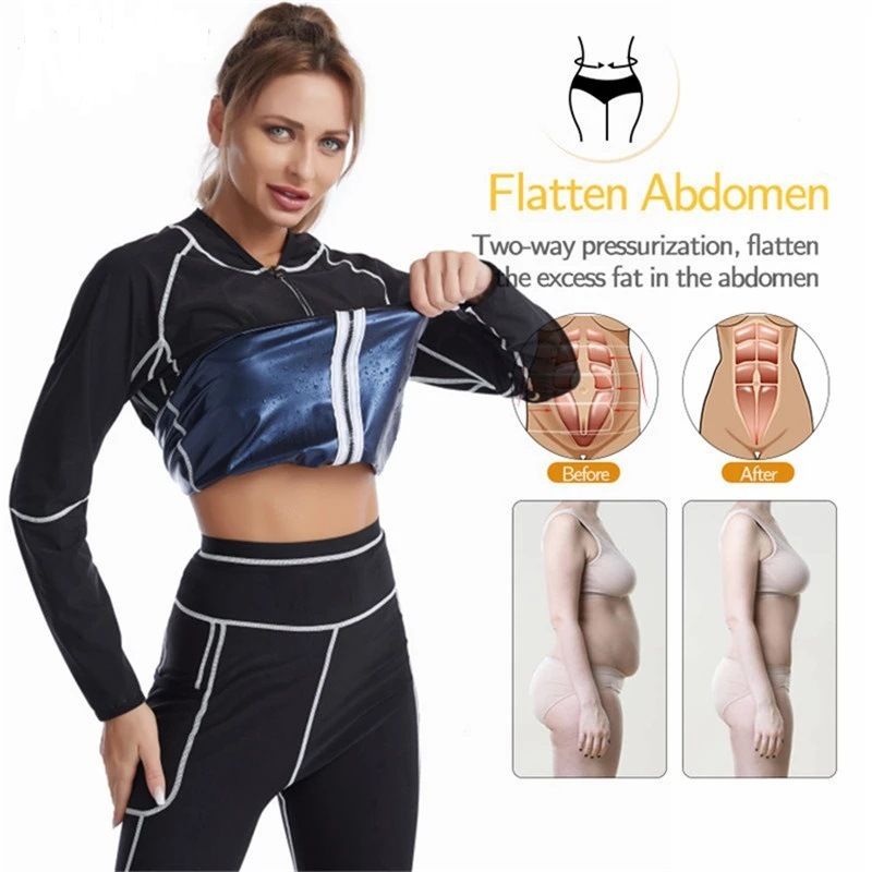 XL Size Black and Blue Women's Workout Sauna Sweat Suit Set: Long Sleeve & Leggings - High Elasticity Compression Shapewear for Weight Loss & Yoga — image 3