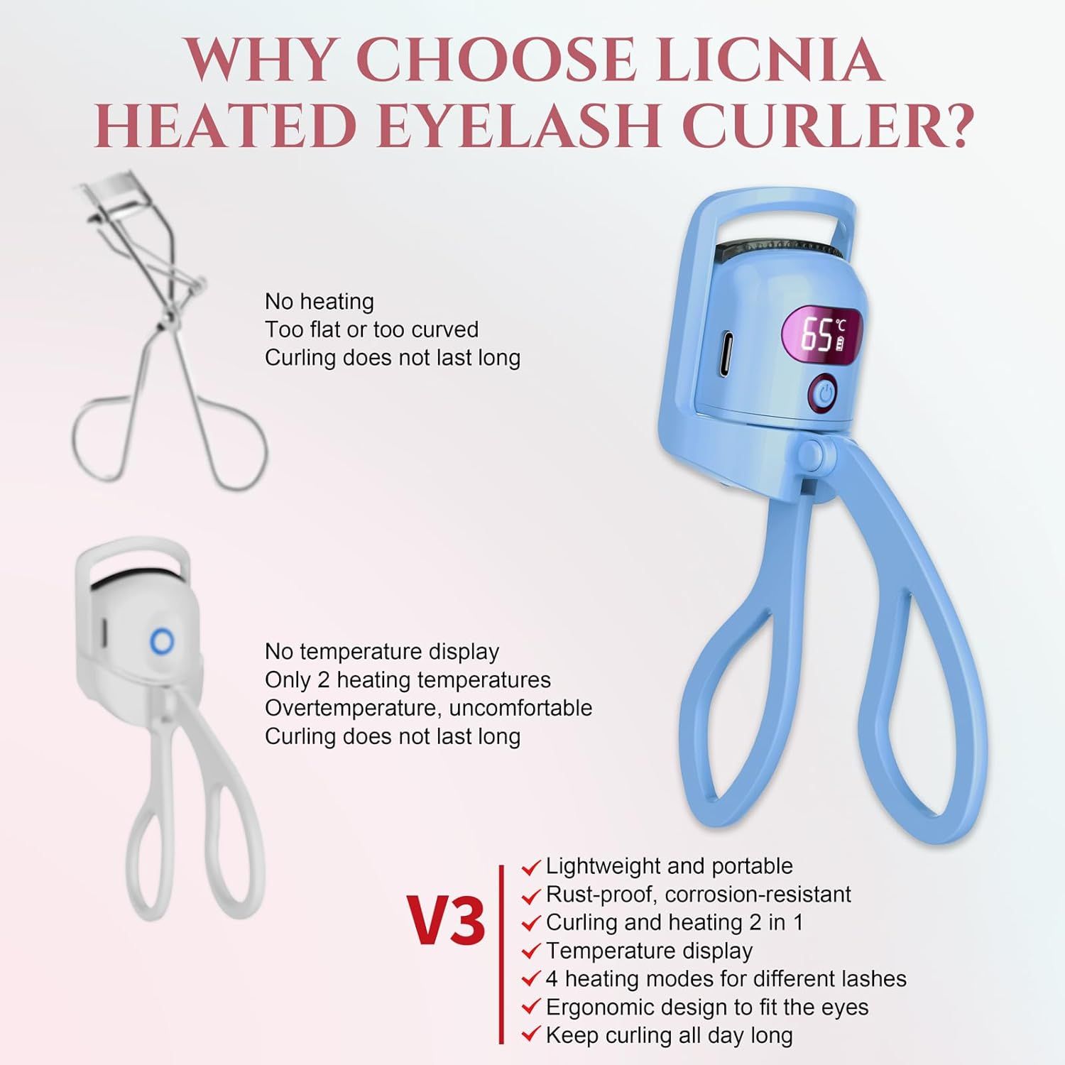 Heated Eyelash Curler, 4 Heating Temperature Display Heated Lash Curler Rechargeable, for Long-Lasting Curled Lashes (Blue) — image 2