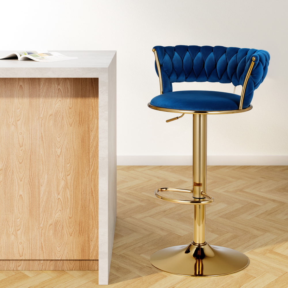 Artiss Bar Stools Gas Lift Velvet Woven Backrest Navy