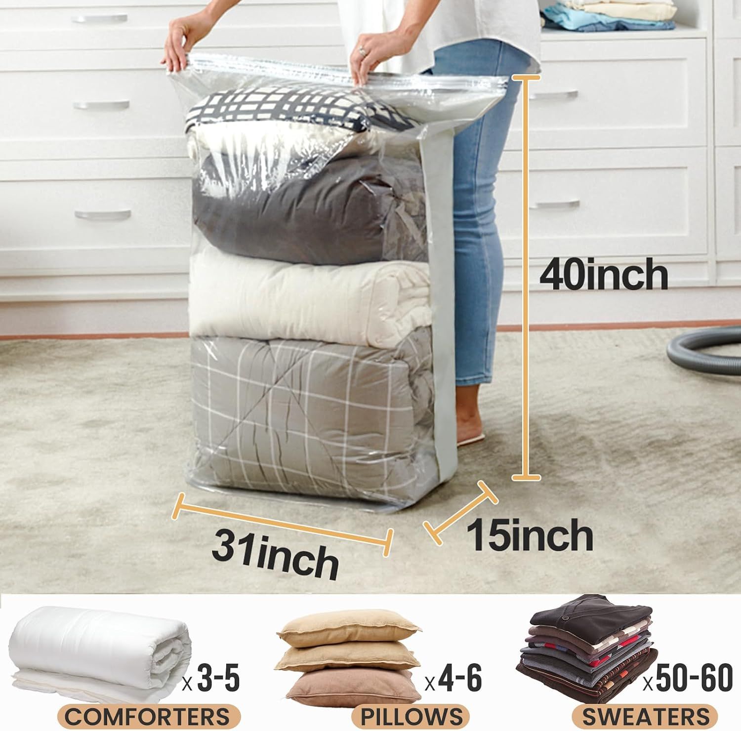 Vacuum Storage Bags with Rolling Slide Clip, Airtight Space-Saving Compression Bags for Comforters, Blankets, Clothing and Bedding — image 4