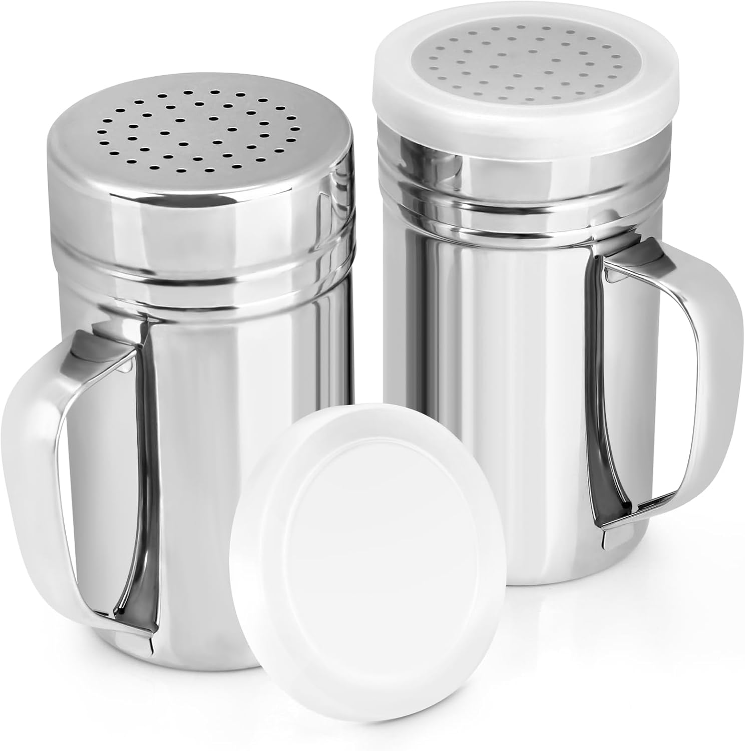 2pcs Stainless Steel Dredge, Salt Pepper Dredge Shakers with Handle, Seasonings Spice Shakers with Lid, 14 Ounce