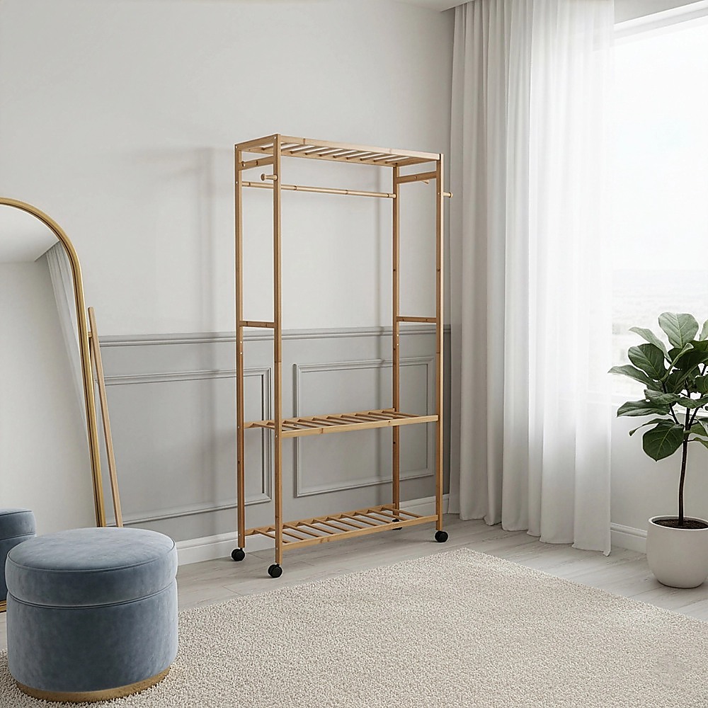 Wooden Clothes Rail with Shelves & Wheels – Open Wardrobe Rack Stand — image 2