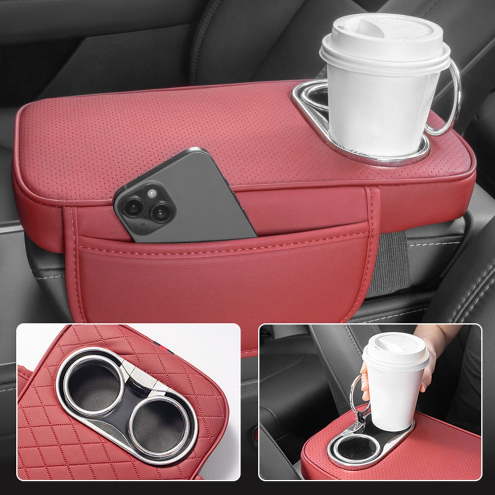 Car Armrest Cushion With 2 Cup Holder And Side Pocket Pu Leather Beige — image 4