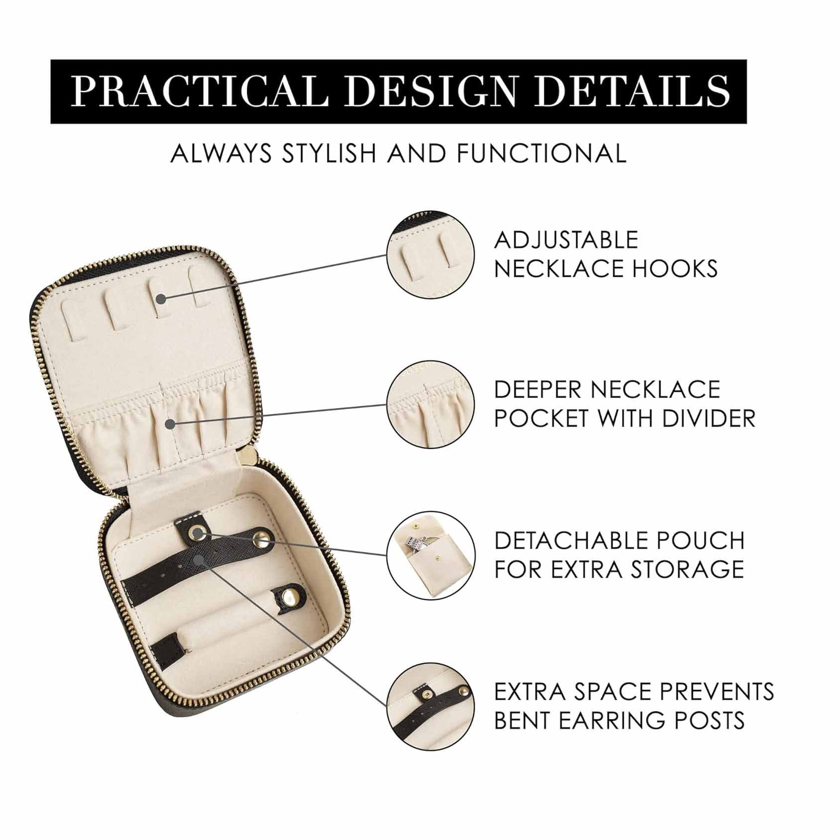 Black "Small But Mighty" Leather Jewelry Box - Portable Organizer for Earrings, Necklaces, Rings & More (4 × 4 × 2 inches) — image 3