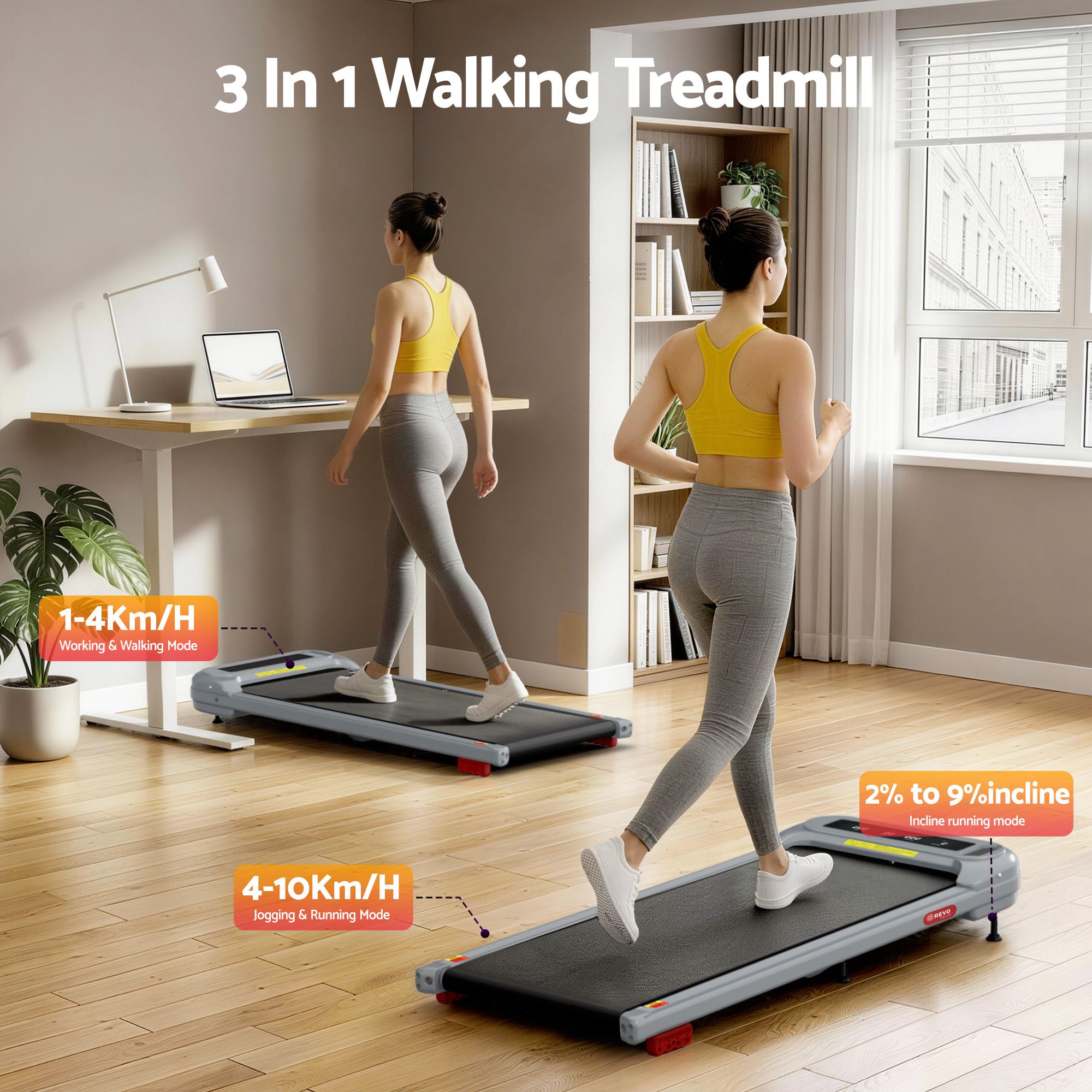 Everfit 3 in 1 Treadmill Electric Walking Pad with Incline Under Desk Home Gym Grey โ image 2
