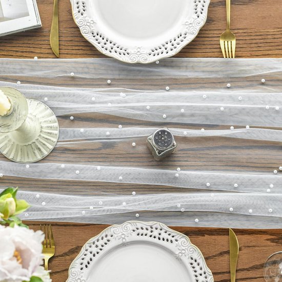White Table Veil with White Pearls - Silky Gauze 30x120 Inches - For Weddings, Parties & Table Decorations โ image 2