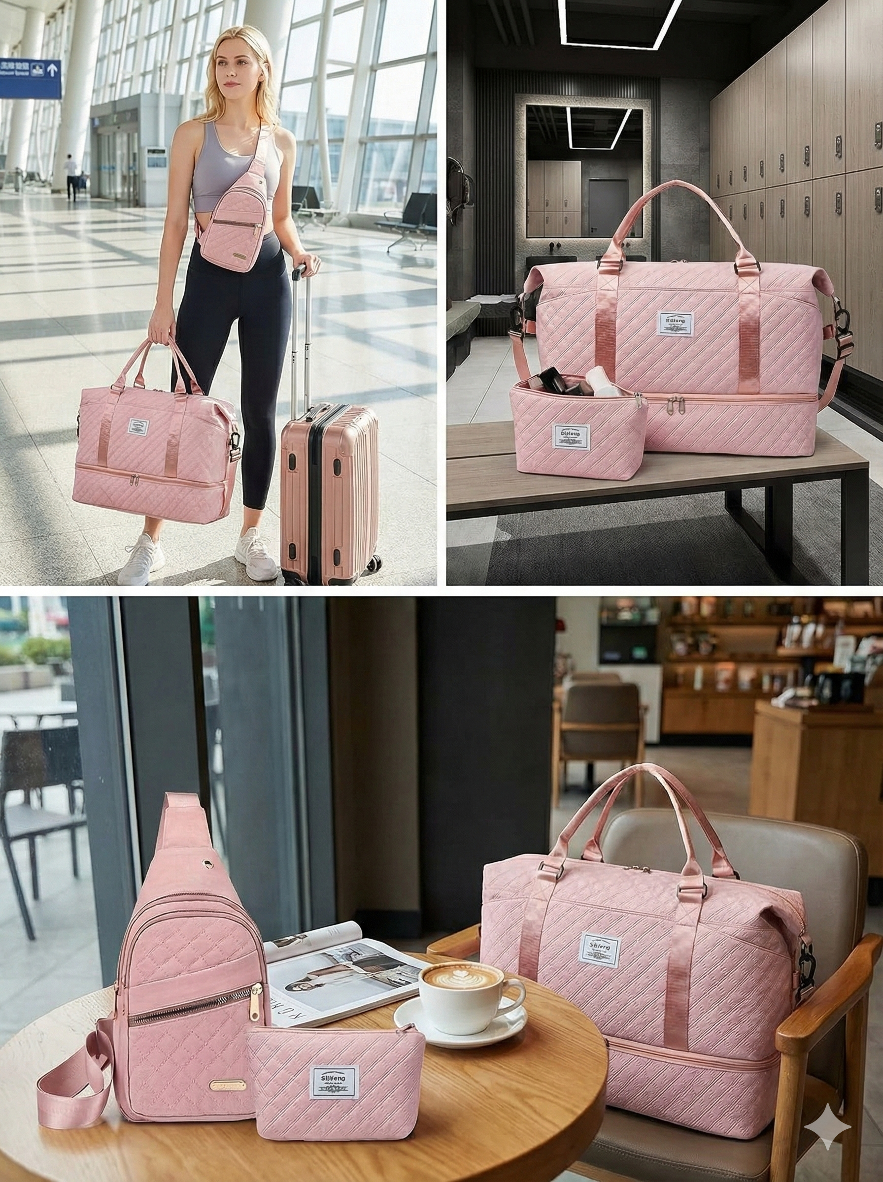 Women’s 3-Piece Travel Bag Set – Large Duffel, Crossbody Backpack & Toiletry Pouch for Gym, Maternity and Weekend Getaways (Pink) | Other Colors Available in — image 3