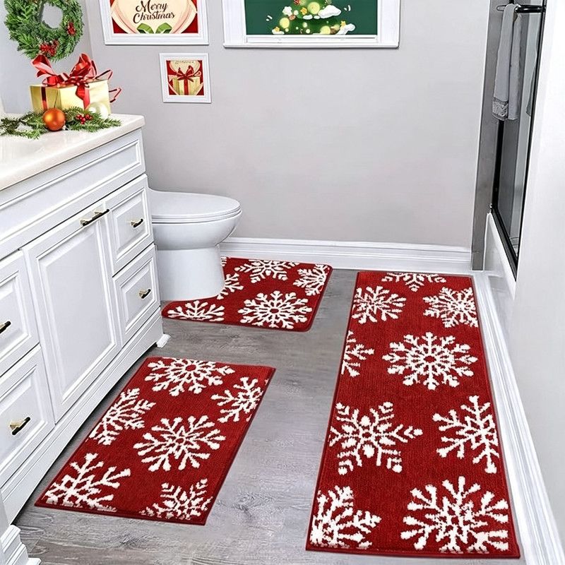 Christmas 3-Piece Faux Cashmere Bathroom Mat Set,Non-Slip Bottom,Stitched Edge,Festive Xmas Decor Water Absorbent Wear Resistant Bathroom Doormat(C)