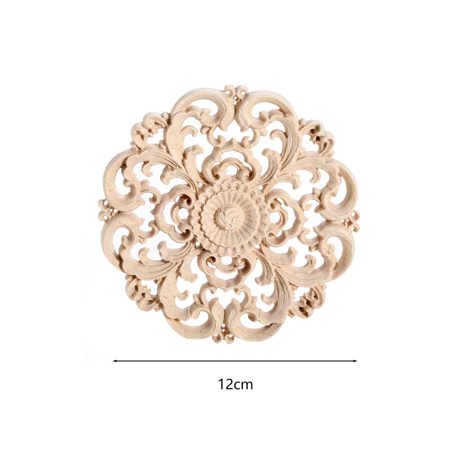 Round Wood Appliques Onlays, 1-Pack Unpainted Wooden Carved Flower Carvings Decals for Wall Cupboard Mirror Mantel Door Bed — image 2