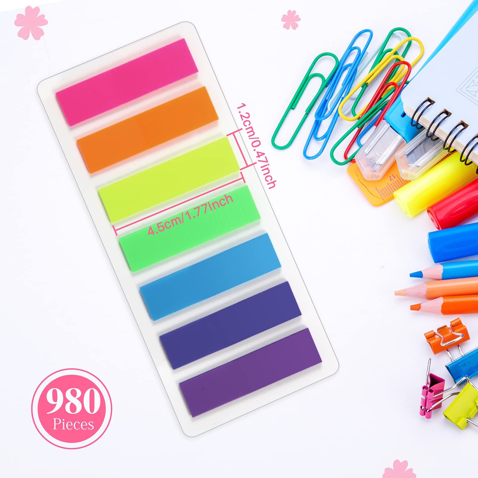 980 Pcs Sticky Notes Flags, 7 Color Index Tabs Index Flag Bright Colors Page Index Stickers Translucent Page Makers — image 2