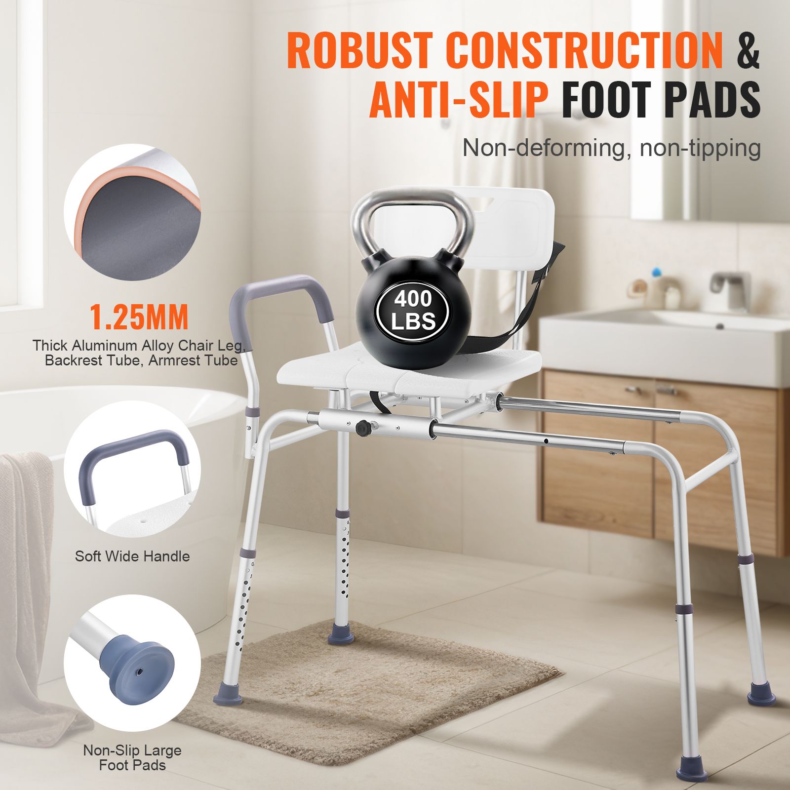 Sliding Tub Transfer Bench Shower Chair & Cut-Out Seat Reversible Backrest — image 4