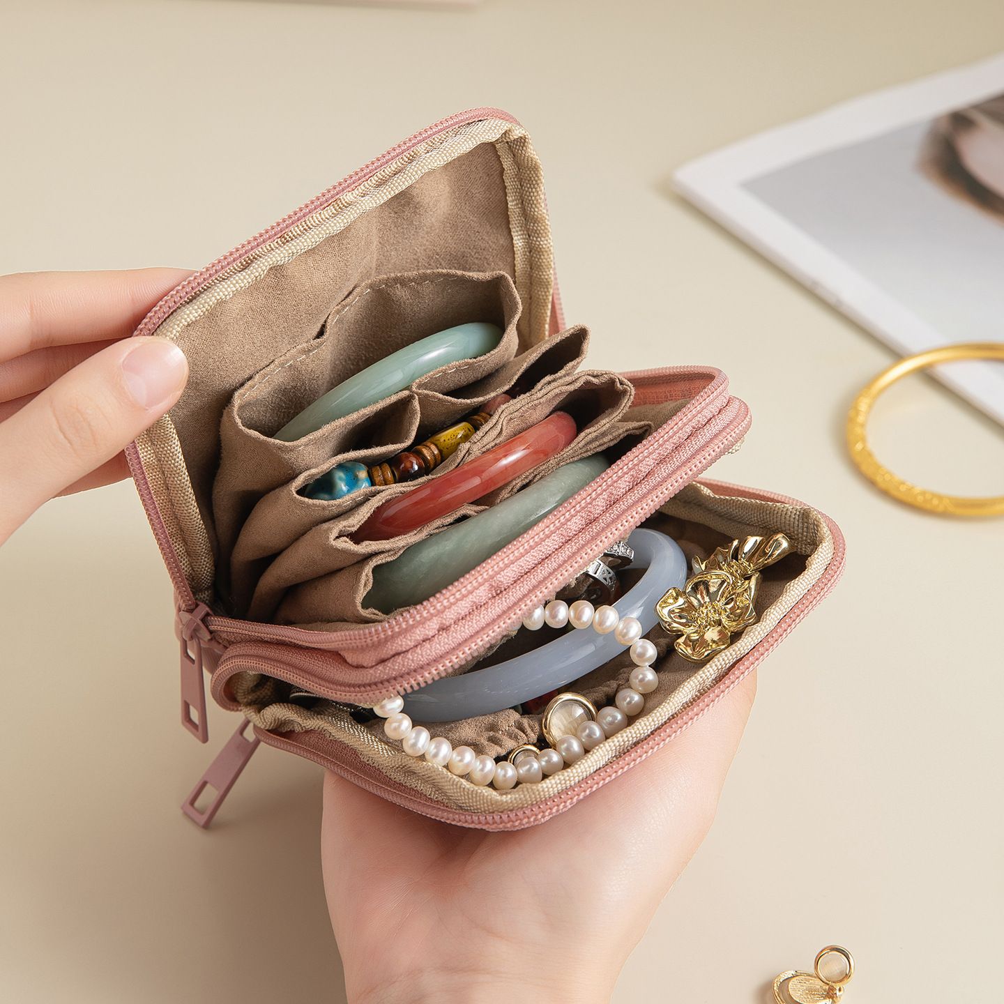 Small Travel Jewelry Case, Jewelry Pouch Bag with Zipper, Valentines Gifts for Women, Jewelry Organizer for Bracelet Bangle Rings Earring (Pink,only bag) โ image 3