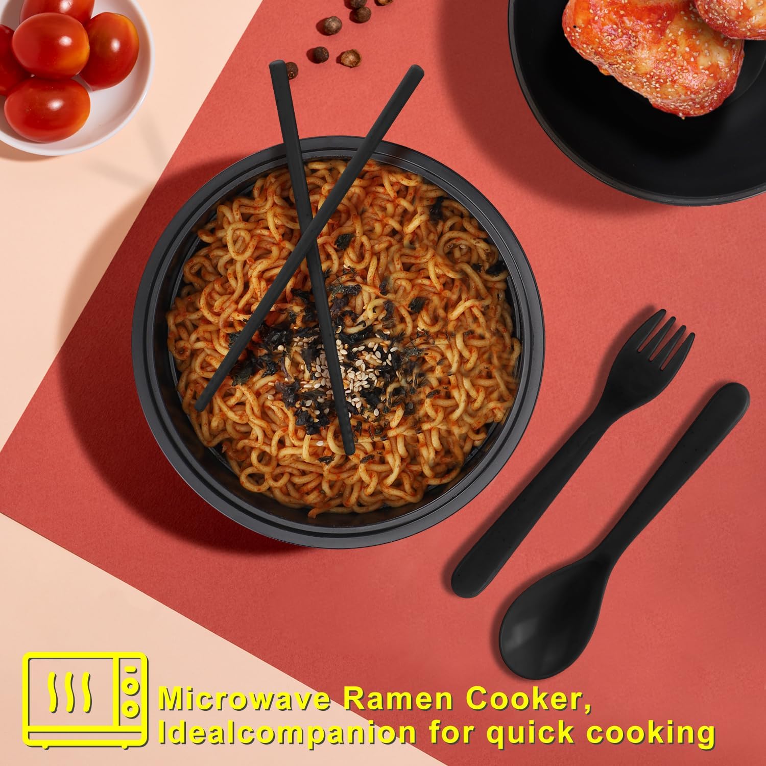 Ramen Bowl Set, Ramen Cooker 33 oz, Ramen Bowls with Chopsticks and Spoon, Microwave Pasta Cooker, College Dorm Essentials for Girls Guys (Black) — image 6