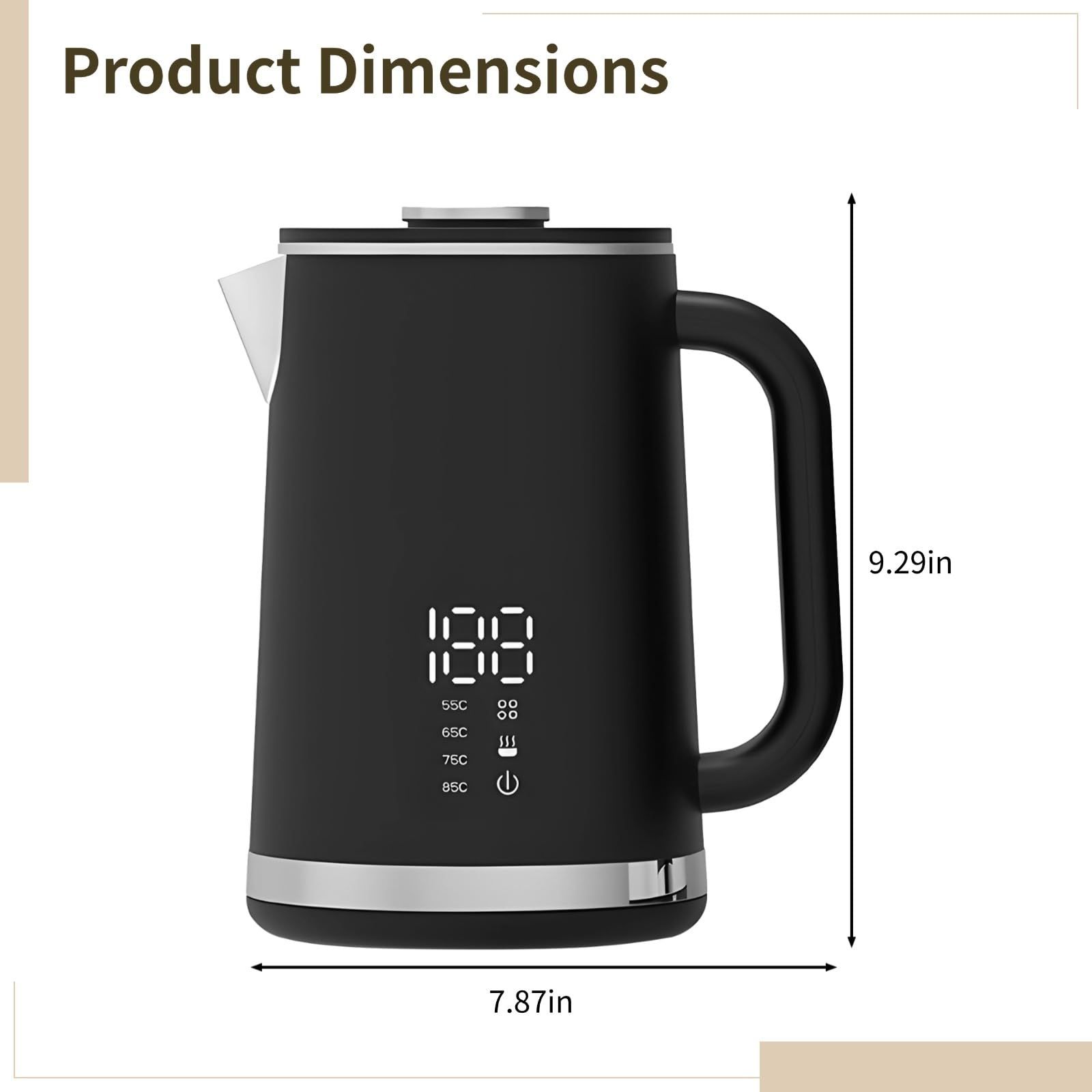 Black electric kettle, 1.7L stainless steel kettle, 1500W rapid heating, with LED display, adjustable temperature, double-walled anti-scalding — image 3