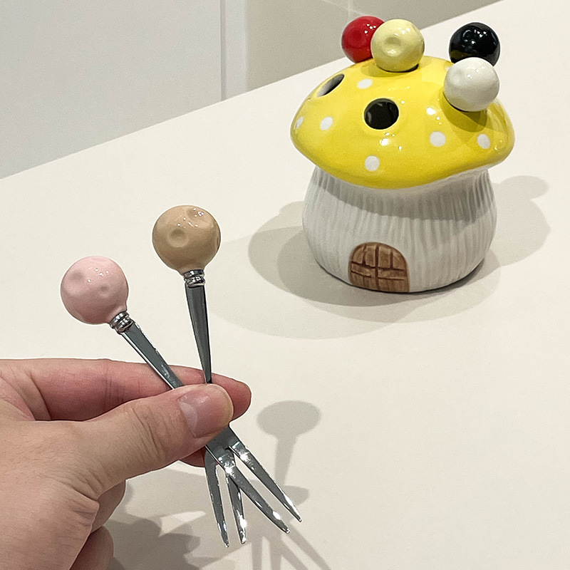 Orange Cute Cartoon Mushroom Mirror Polished Cutlery Jar with 6-Piece Stainless Steel Fruit Fork Set - Dessert Picks/Appetizer Forks — image 3