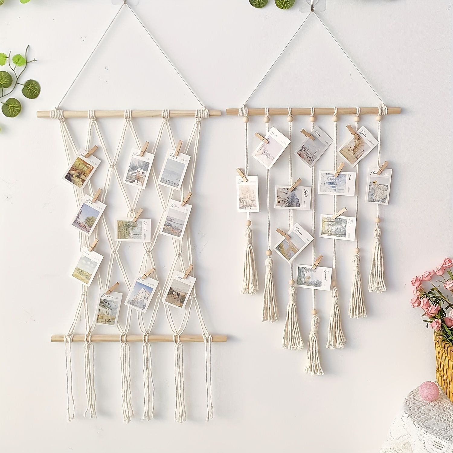 Unique Handwoven Boho Chic Macrame Photo Wall Hanging with Clips - Display for Photos, Cards & Artwork, Perfect for Bedroom, Living Room, Dorm Decor Shape — image 3