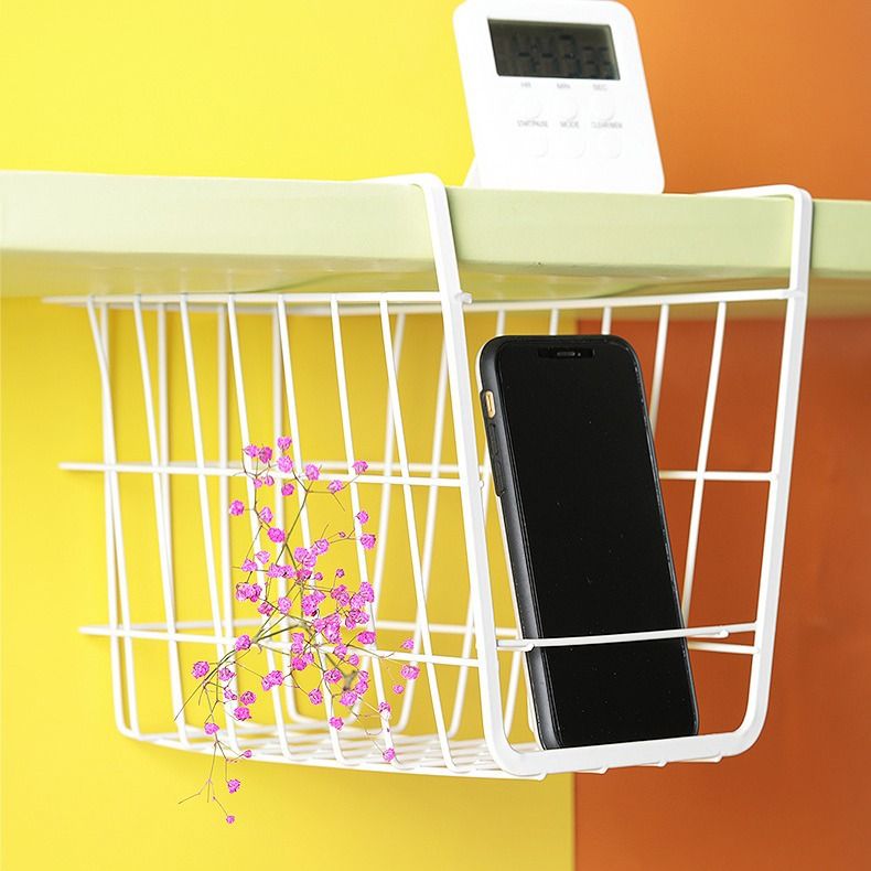 1Pc Shelf Metal Basket Under Cabinet Storage Shelf Snack Basket Organizer Bread Basket Wrought Iron Under The Stage White Office — image 2