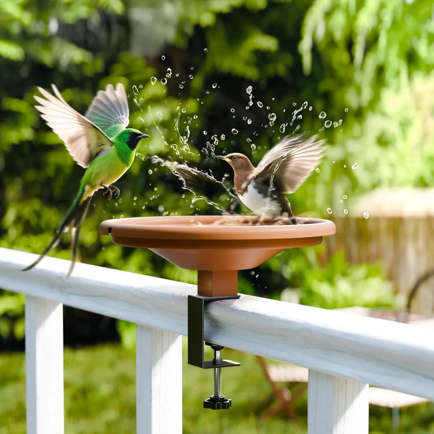 12 Inch Adjustable Bird Bath Bowl with Deck Mount, Tool Free Setup for Balcony Railing and Outdoor Garden, Brown — image 2