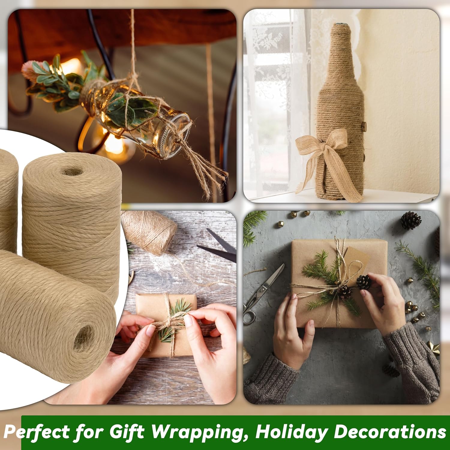 4 Pack Natural Jute Twine String (328 ft Each), 3-Ply Durable Brown Craft Twine for Gardening, Gift Wrapping, Flower Bouquet, Arts & Crafts, Hemp & Burlap — image 5