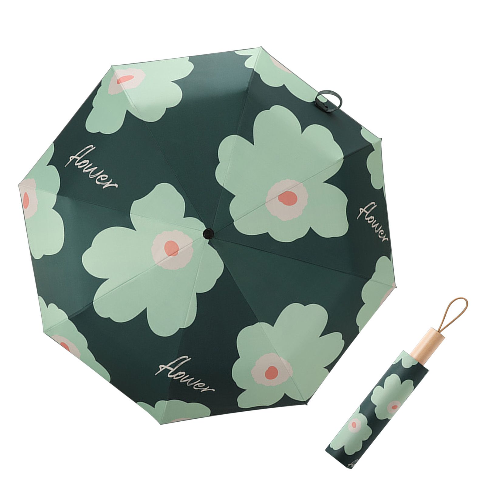 Flower Pattern Folding Umbrella UV Protection Foldable Rain Shine Dual Use Sun Umbrella for Travelling Blackish Green — image 2