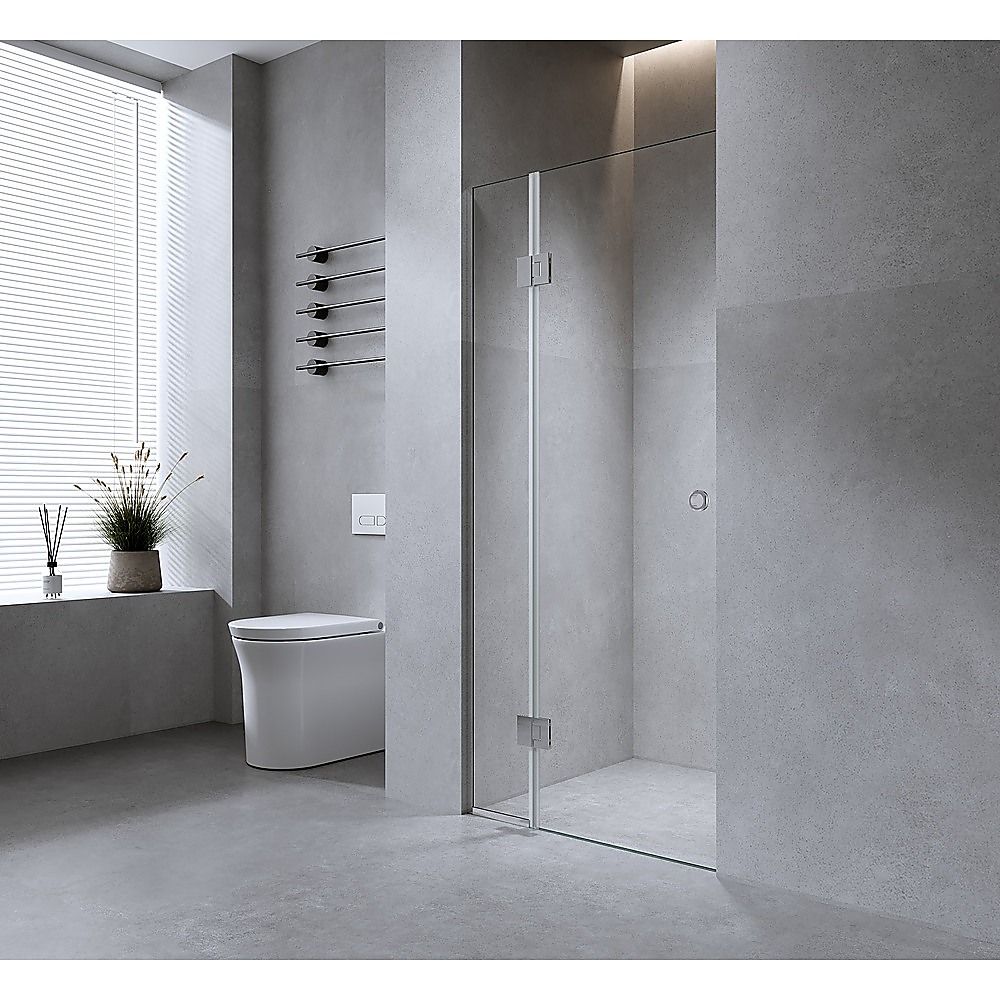 90cm Frameless Wall-to-Wall Shower Screen โ Black Wall Channel and Floor Channel with Brass Hinges