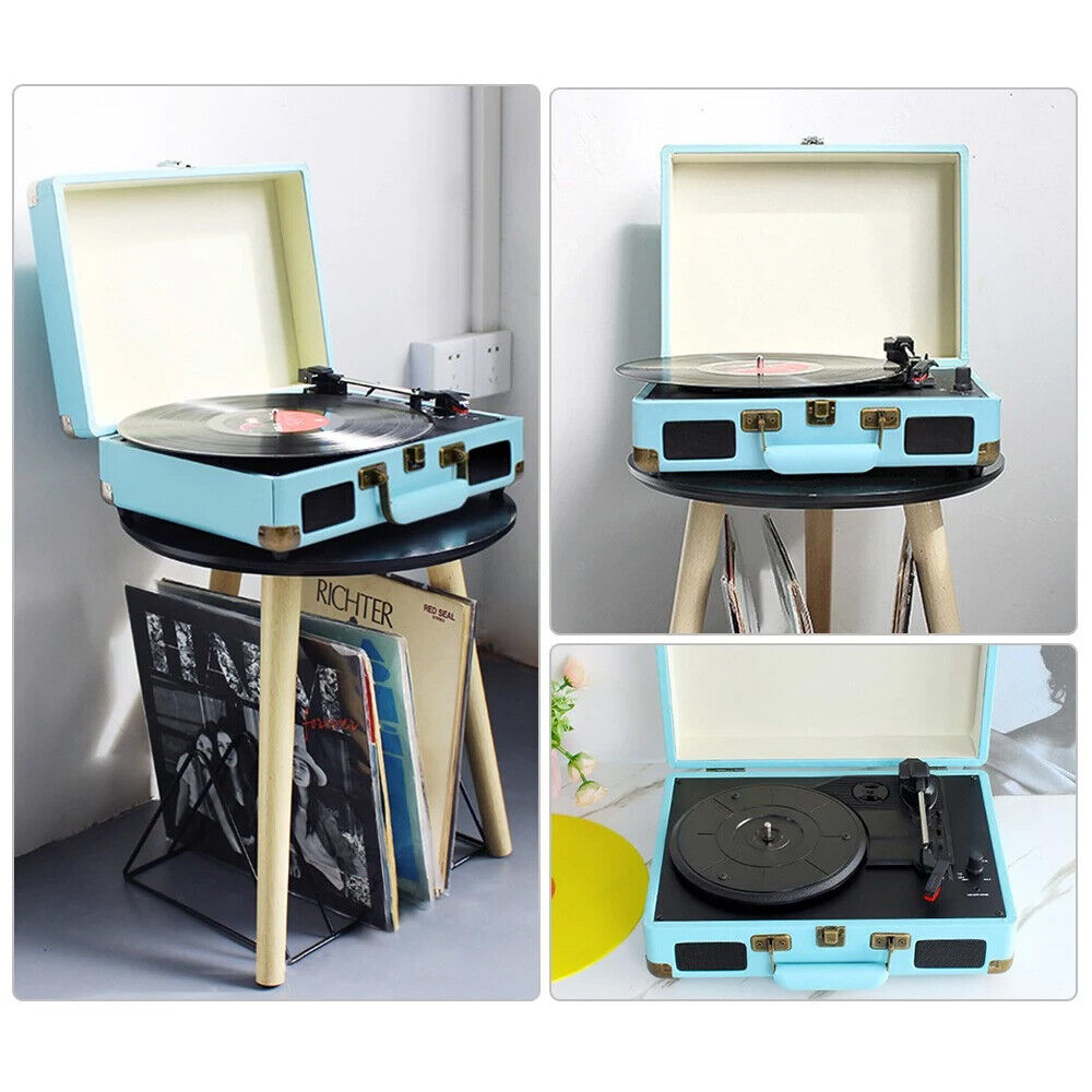 Blue Retro Briefcase Vinyl Record Player Suitcase 3 Speed Turntable Stereo Christmas — image 6