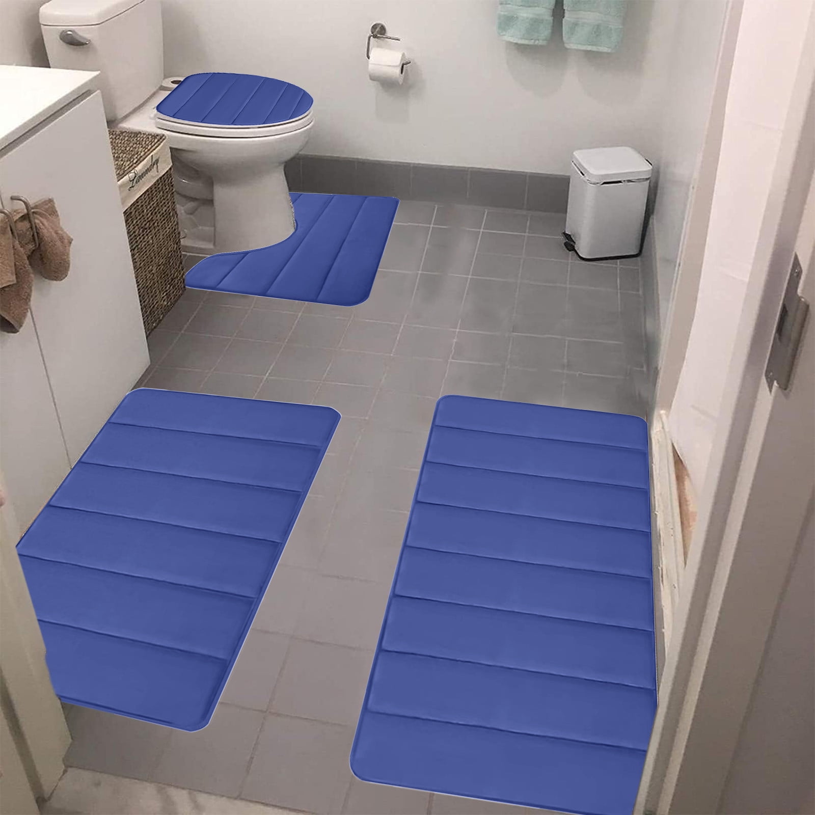 Memory Foam Toilet Rug, Non-Slip Bathroom Rugs, Toilet Rugs U Shaped Washable, Commode Contour Rug, Soft Comfortable Super Water Absorption #4_Blue — image 4