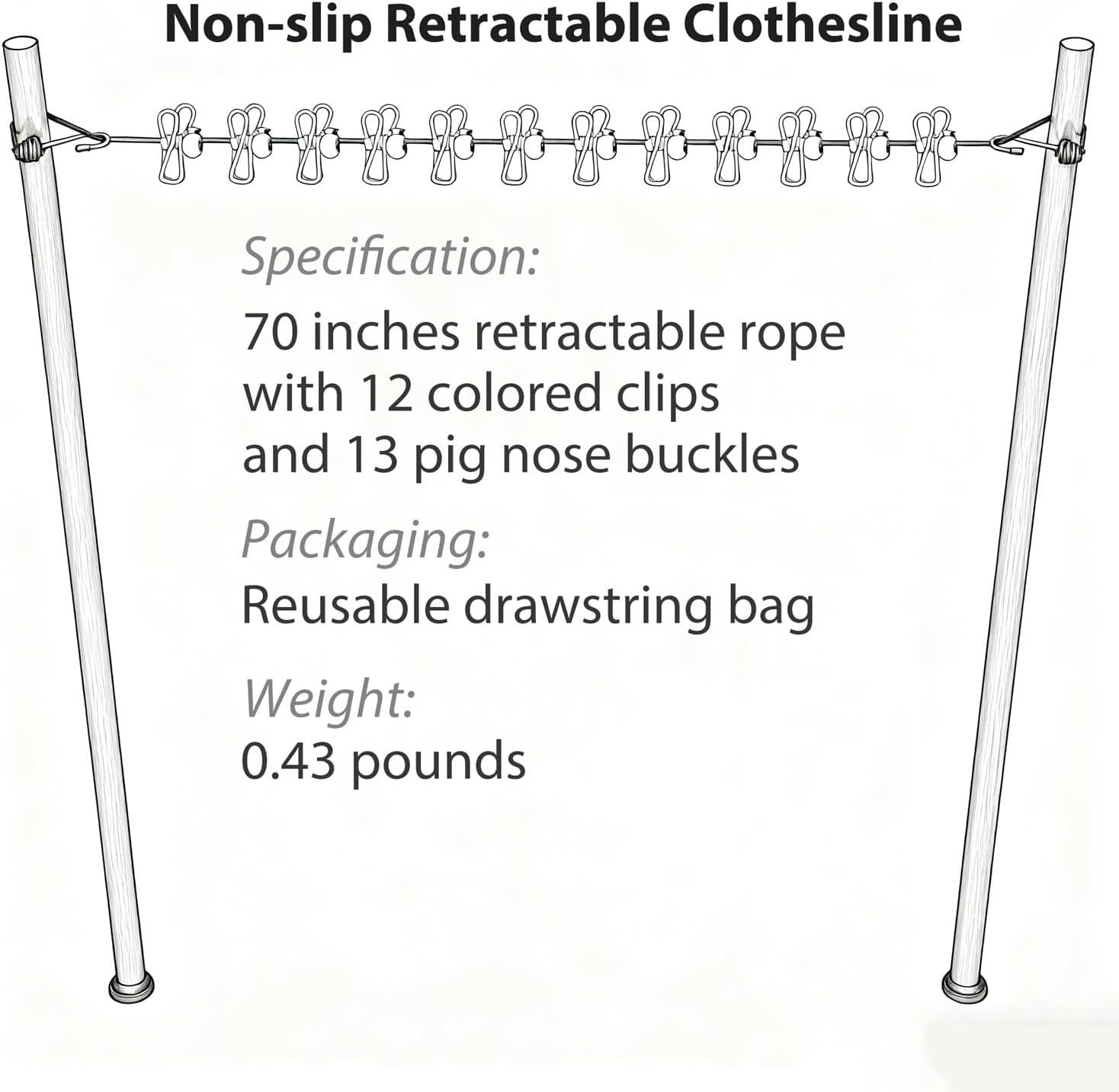 Portable Clothesline Retractable - Travel Drying Rack with Clothespins, Waterproof Outdoor Camping Laundry Line for Indoor Use in Hotel, Home, Apartment (Black — image 4