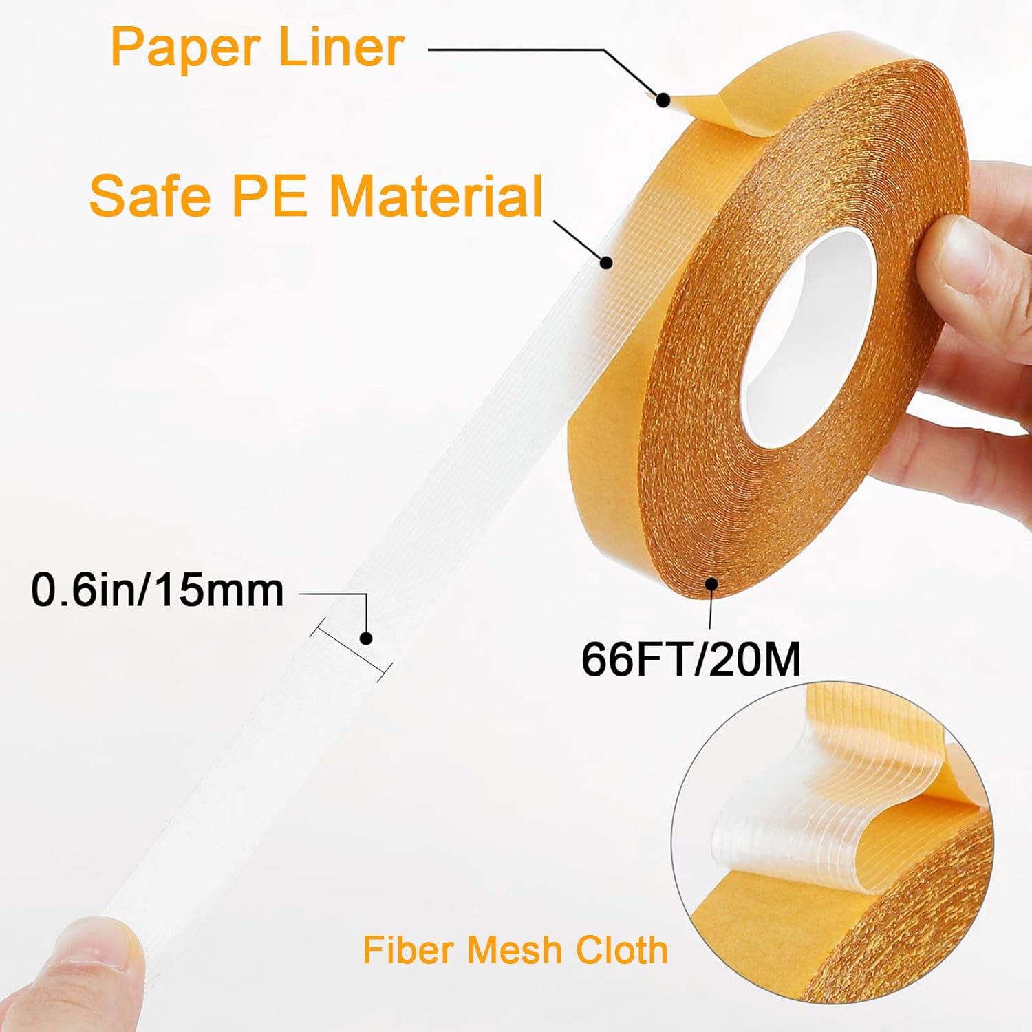 Rol 0.6" x 66' double-sided, strong super sticky fabric tape - clear adhesive for carpet, walls, floors, rugs, craft supplies - wide mounting (2 rolls) — image 3