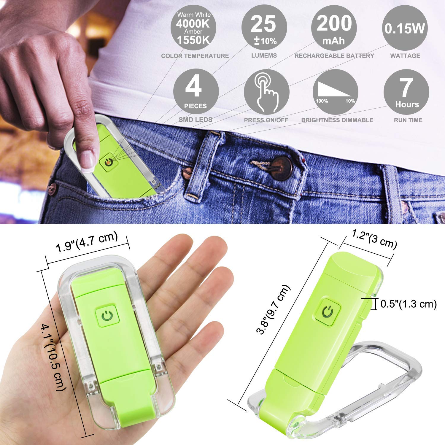 Rechargeable LED Book Light with Dimmable Warm White & Amber Modes – USB-Powered Clip-On Reading Lamp for Books, Sheet Music & Travel (Green) — image 5