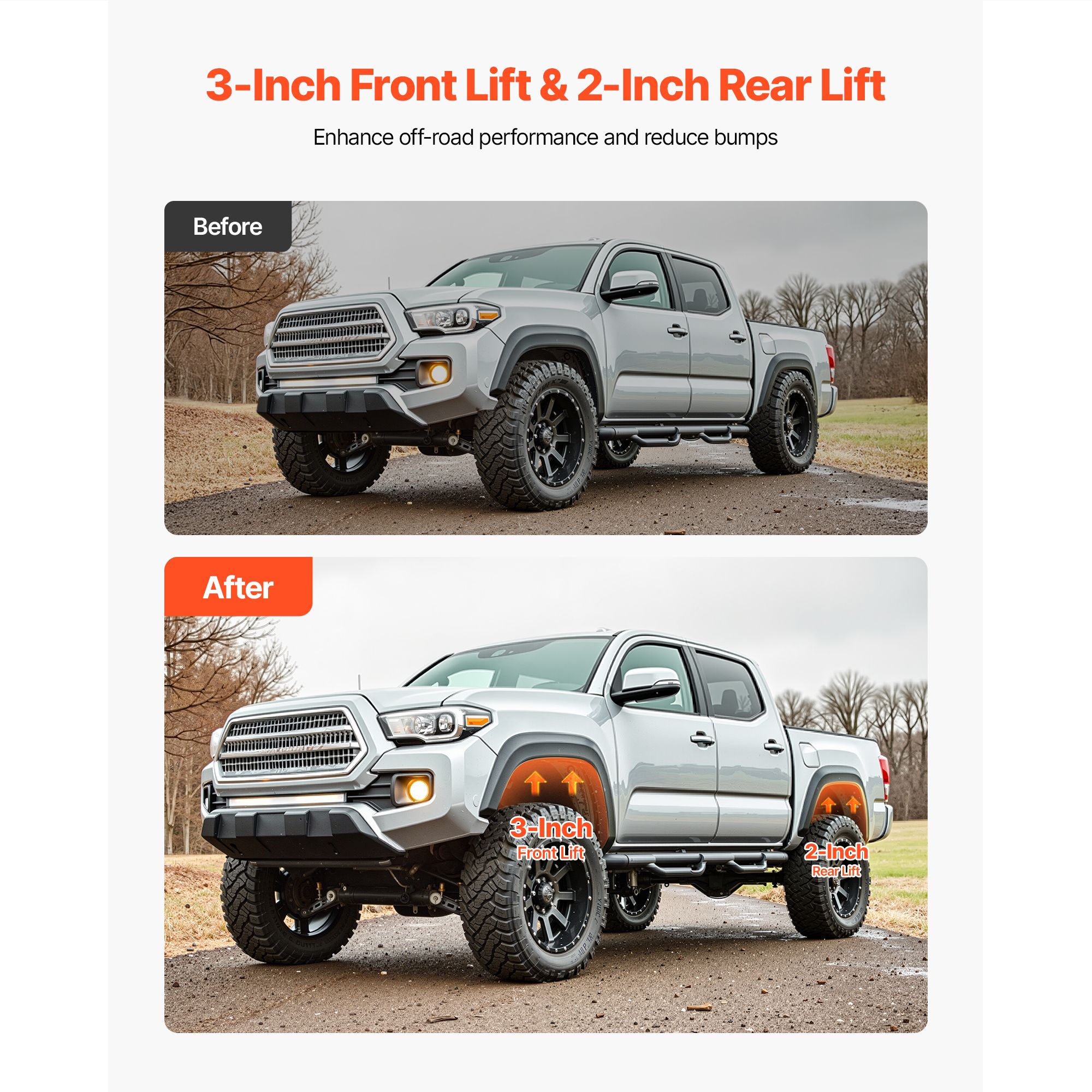76.2 mm Front and 50.8 mm Rear Leveling Lift Kit for 2005-2021 2022 2023 Toyota Tacoma 2WD/4WD, Chassis Level Kit with 2 Front Strut Spacers, 2 Rear Lift — image 2