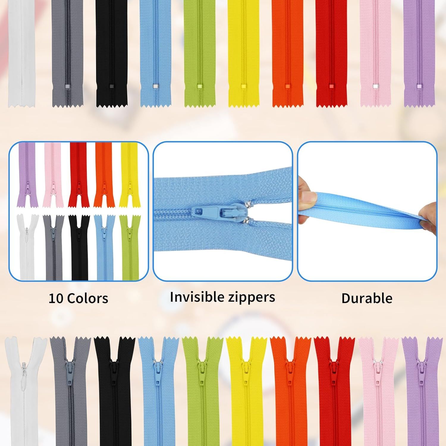 30 Pcs Nylon Coil Zippers for Tailor Sewing in 10 Assorted Colors - Mixed Color Invisible Zippers for Bags, Garment Craft DIY Accessories (9.5 Inches) — image 2