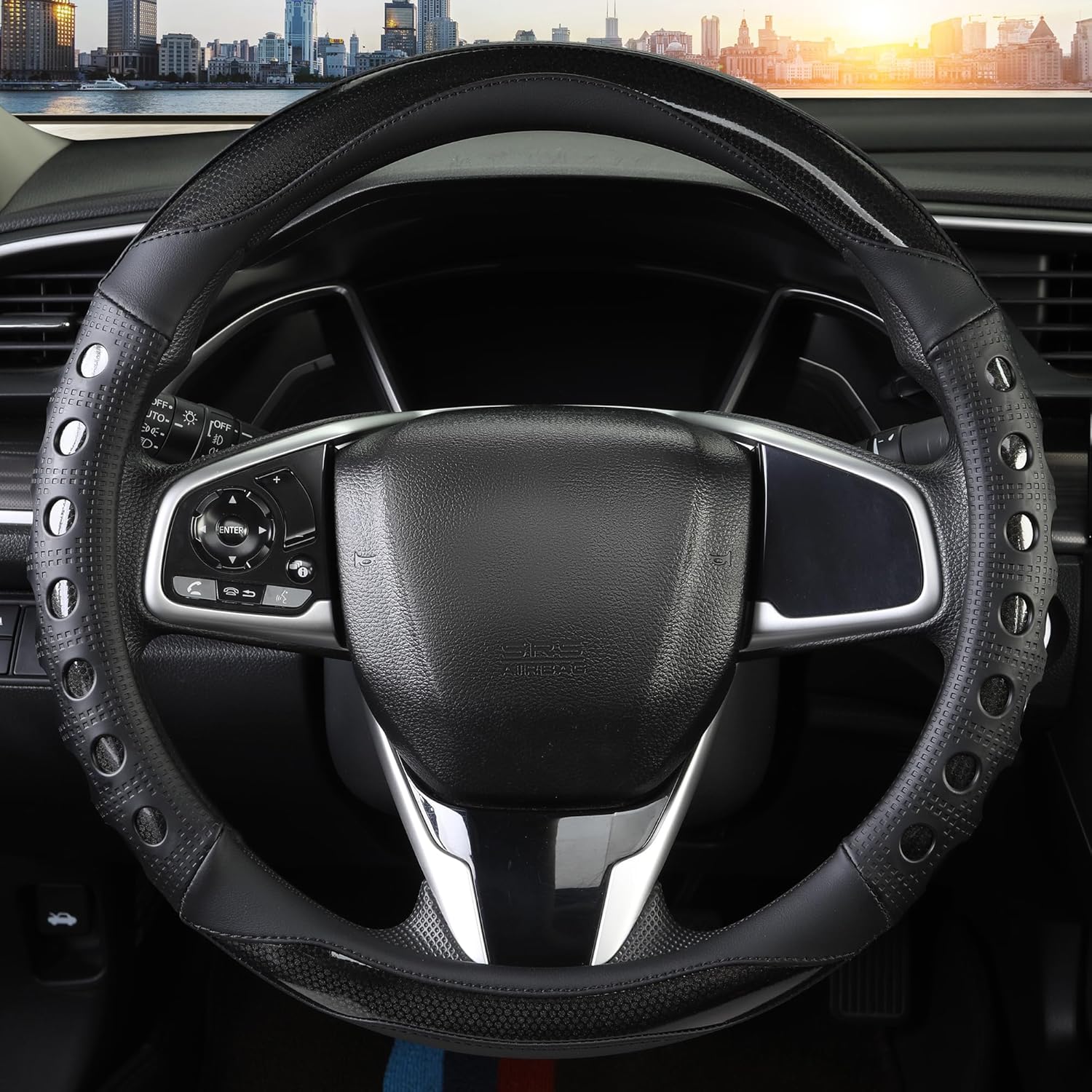 PU Leather Car Steering Wheel Cover with Non-Slip Grip, Suitable for Both Men and Women, Universal Fits 14.5-15 Inch Cars, Trucks, SUVs (Black (Round), Medium — image 2