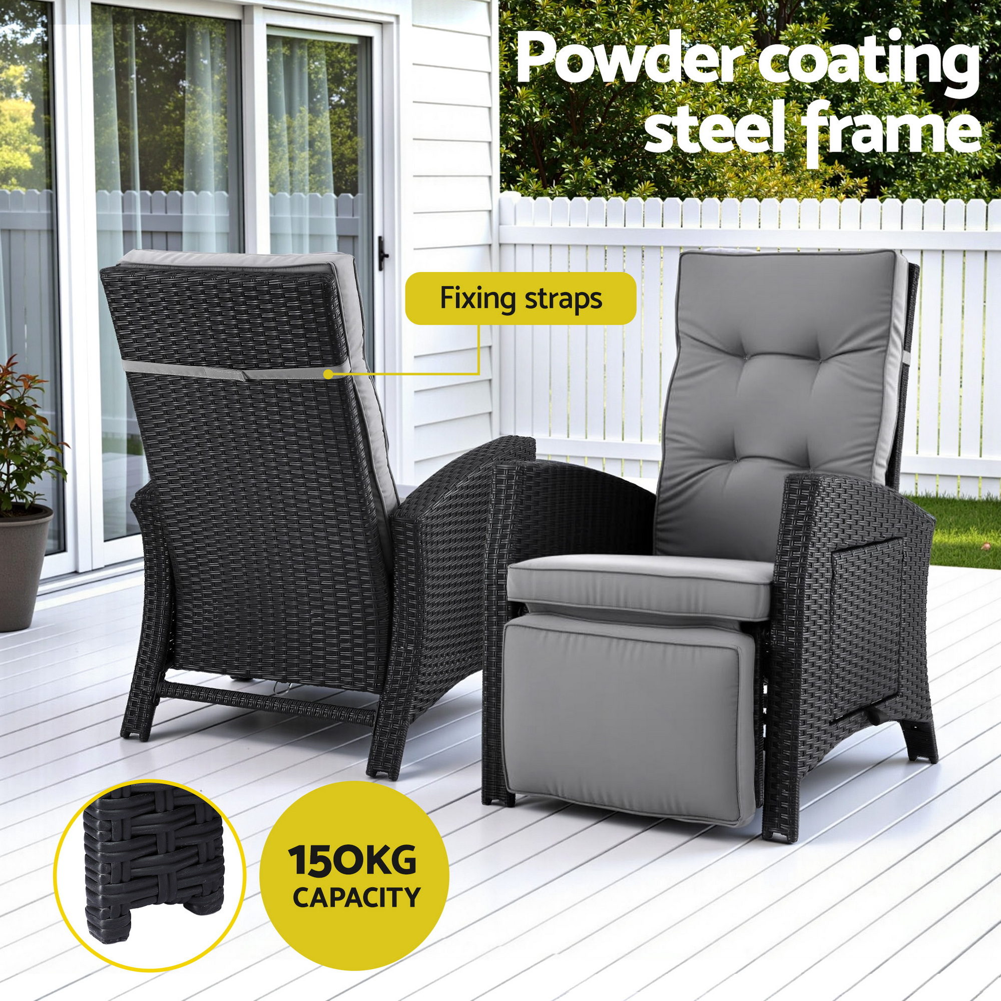 Gardeon Outdoor Recliner Chairs Sun lounge Wicker Lounger Patio Furniture Adjustable Black — image 6