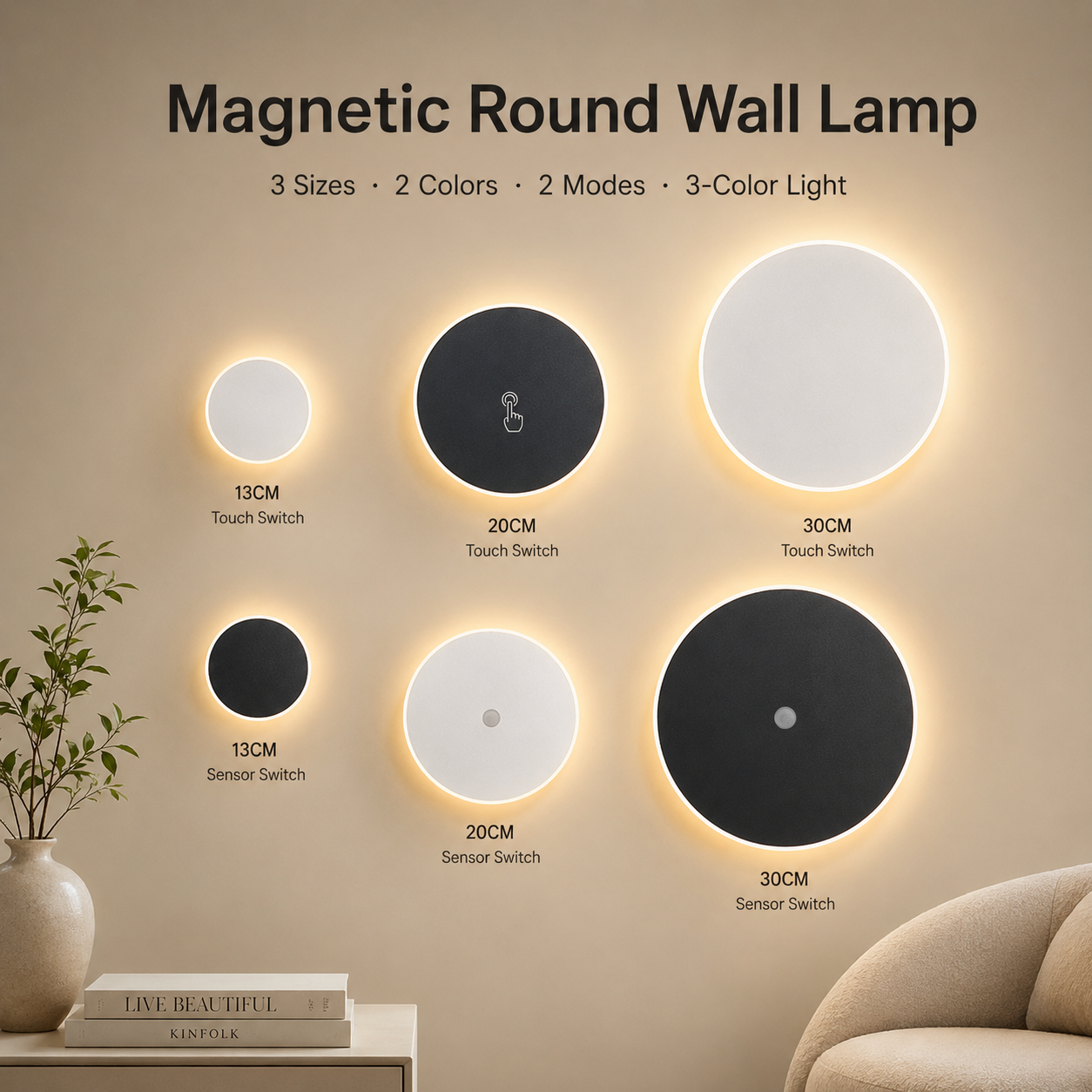 Magnetic Round LED Wall Lamp, Hardwired, White 30cm, Touch Control, 3 Color Lighting, Modern Disc Wall Sconce — image 2