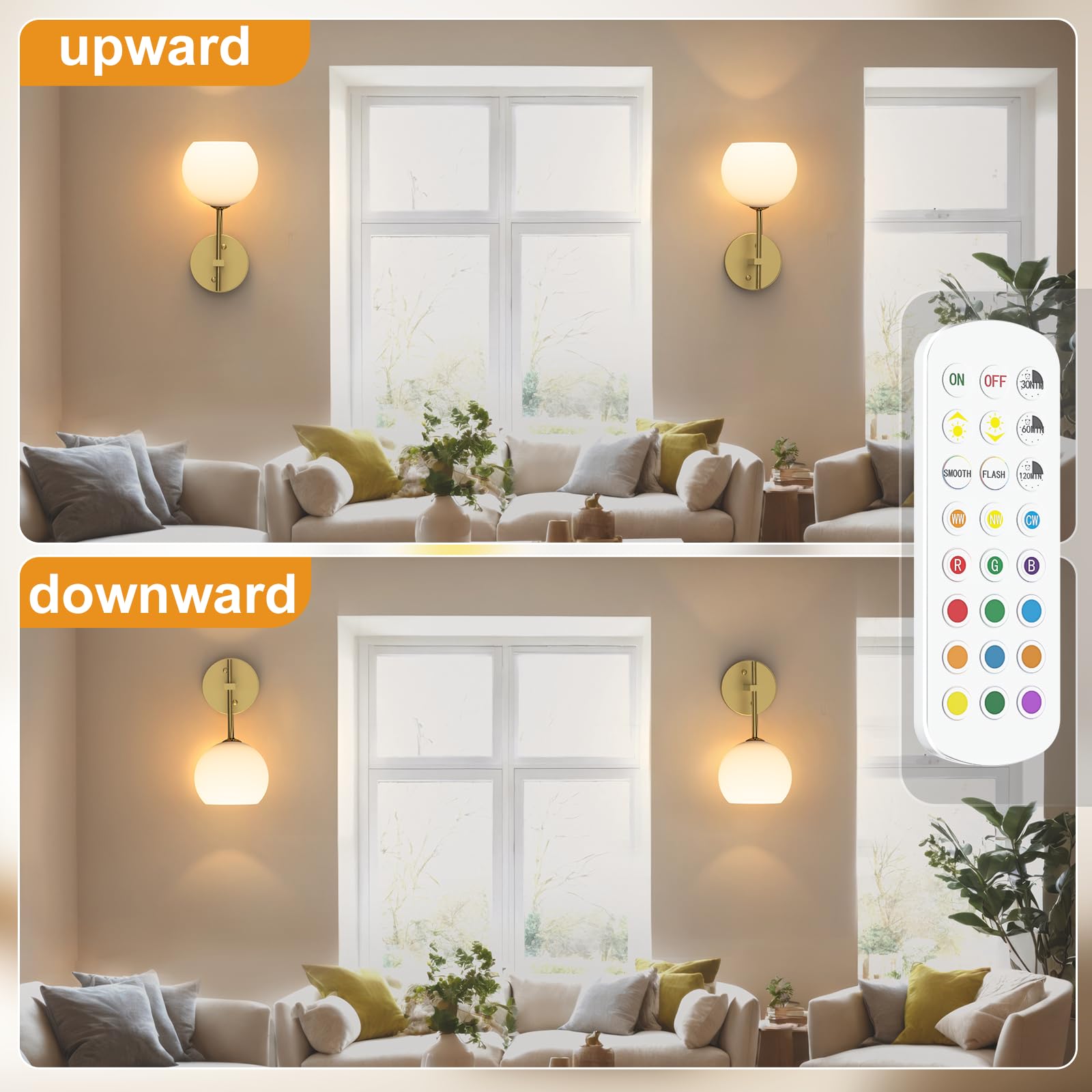 Rechargeable Wall Light Indoor,Battery Operated Wall Lamp with Remote,Indoor Wall Light with 3 Color Modes and RGB,Frosted Glass Wall Mounted Lamp for Living โ image 2