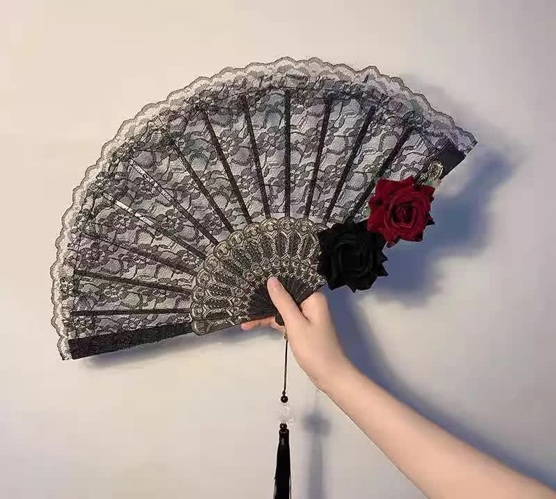 2 Pack White lace, white roses Vintage Lace Folding Fans Gothic Palace Style with Rose Cross Tassels for Tea Party Cosplay and Photo Props — image 2