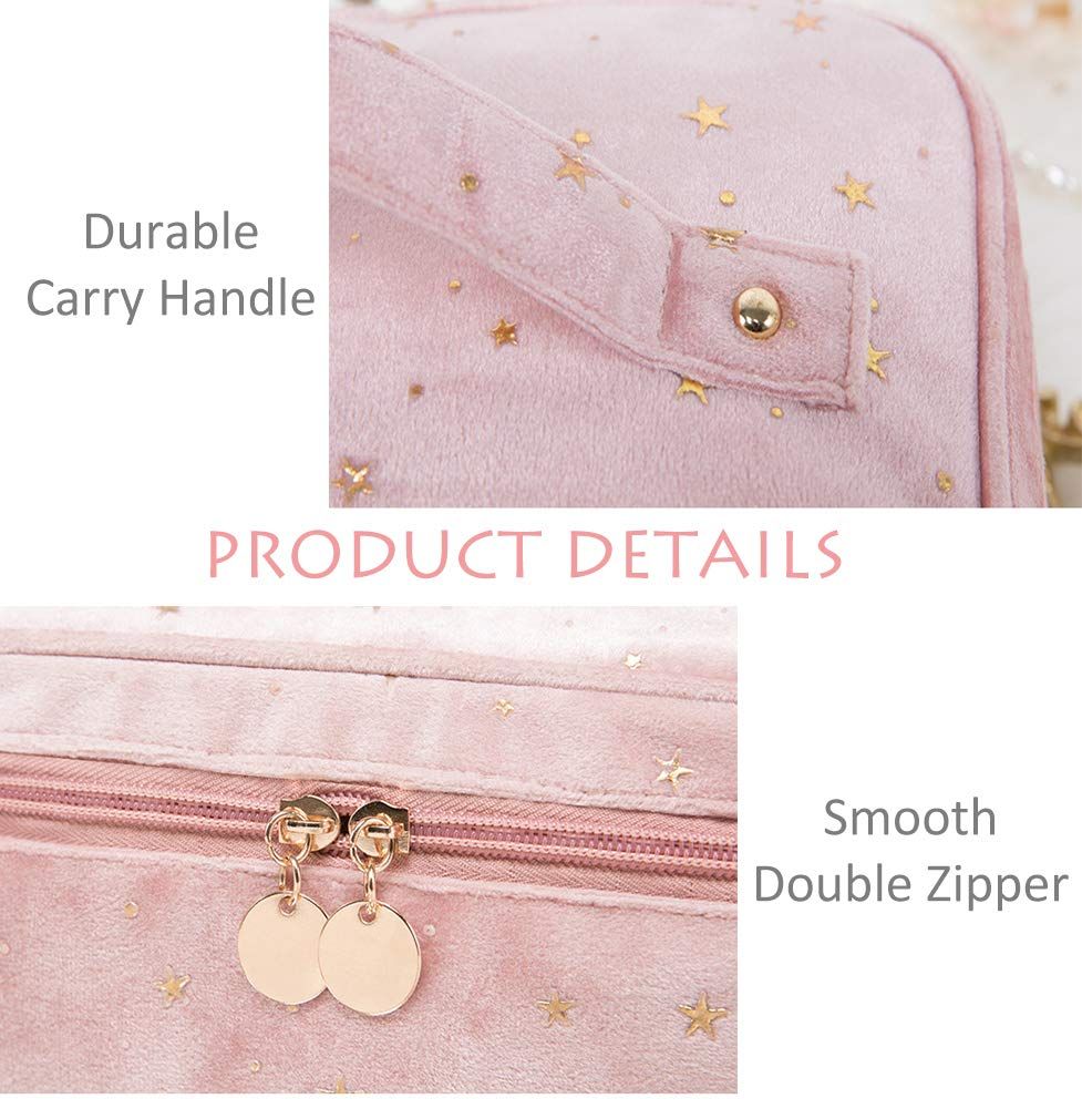 Velvet Makeup Bag with Handle Cosmetic Bags with Makeup Brush Holder Travel Make up Bag for Women, A Pink — image 3