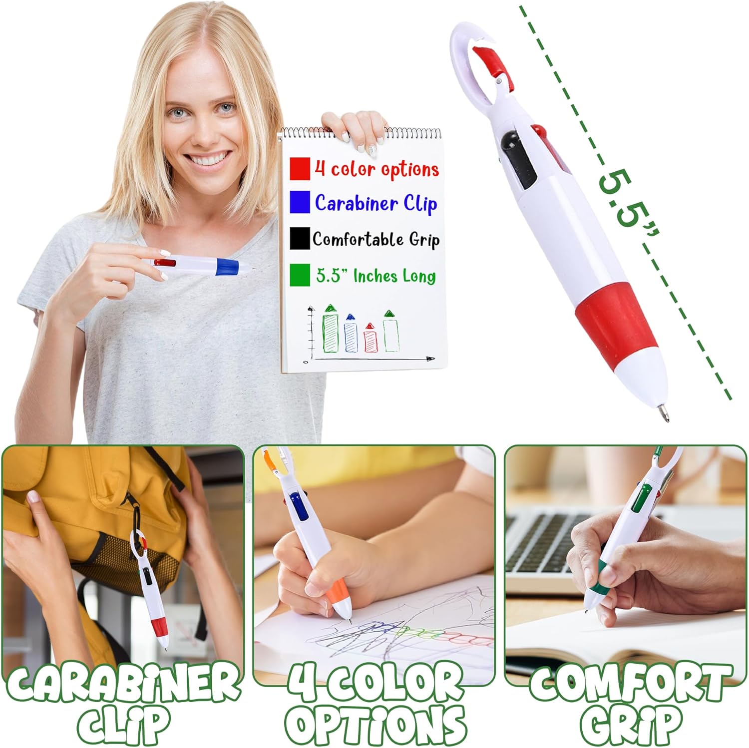 Retractable Shuttle Pens with Carabiner Clip - Pack of 12 Bulk Mini 4-in-1 Multi-Colored Ink Ballpoint Pens with Keychain for Adults, Kids, Nurses, School โ image 3