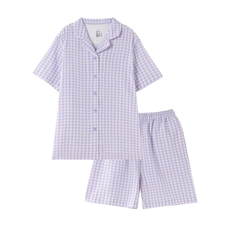 Japanese Cotton Pajama Suit Women Men Short Sleeve Men's gray polka dot-short sleeve shorts โ image 4
