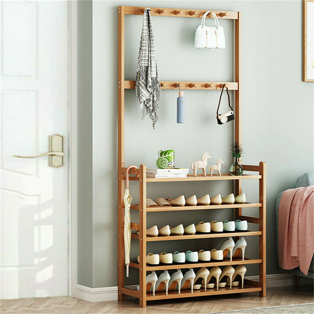 Bamboo 5-Tier Hat Coat Shoe Rack Entryway Bench Hanger Storage — image 3