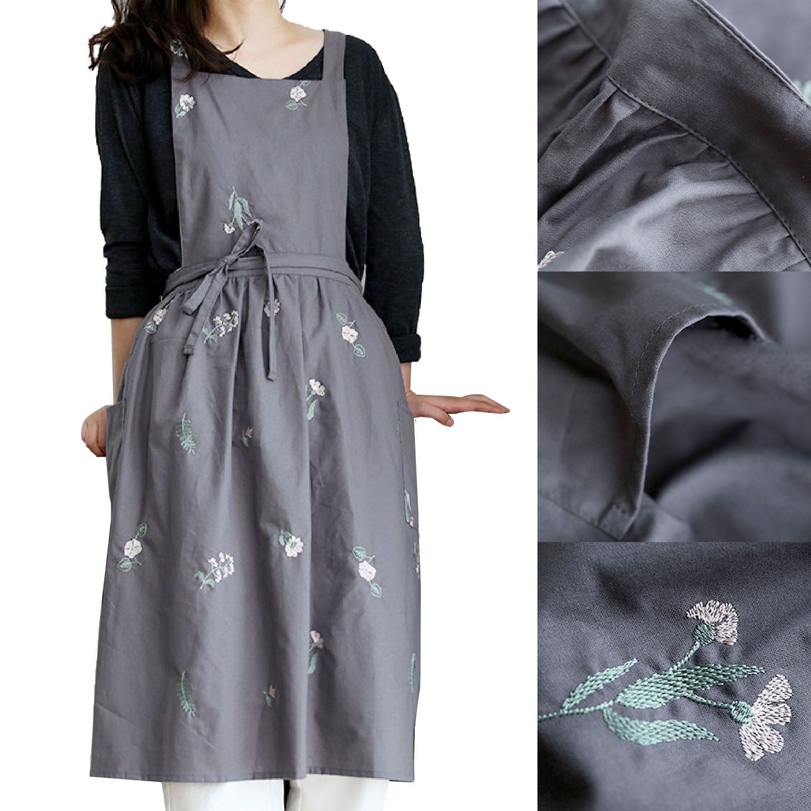 Cooking Apron Flower Embroidery Waterproof Wear Resistant Baking Apron for Coffee Shop Home Dark Grey โ image 3
